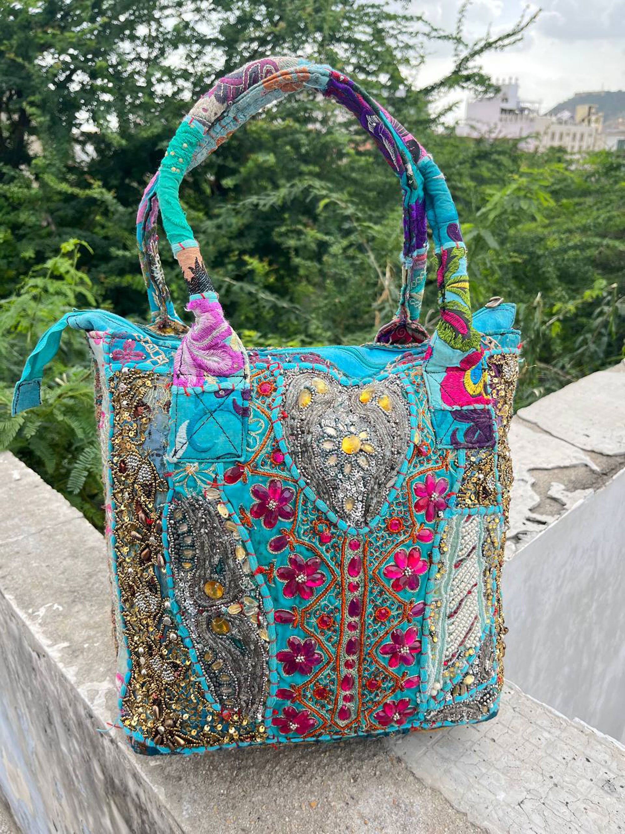 Turquoise Banjara Tote Vintage bag Handmade Embroidery Shoulder Bag