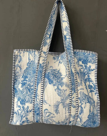 White Floral Print Quilted Tote Bag