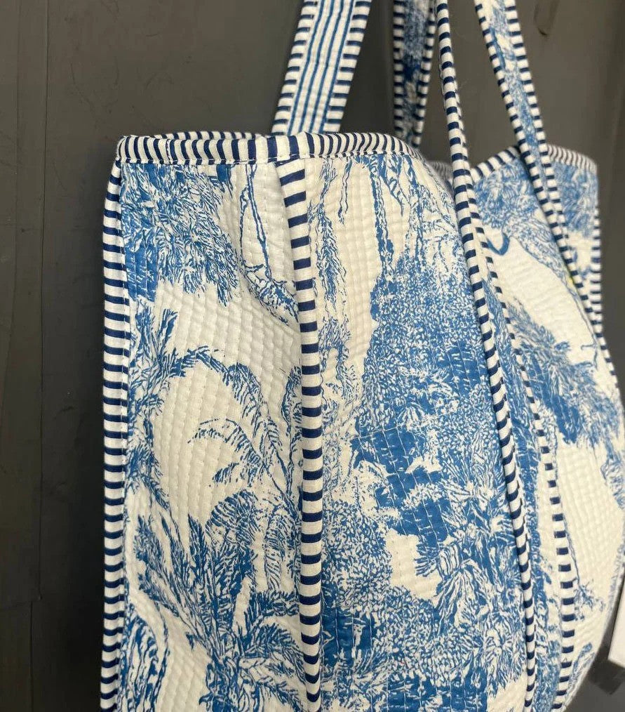 White Floral Print Quilted Tote Bag