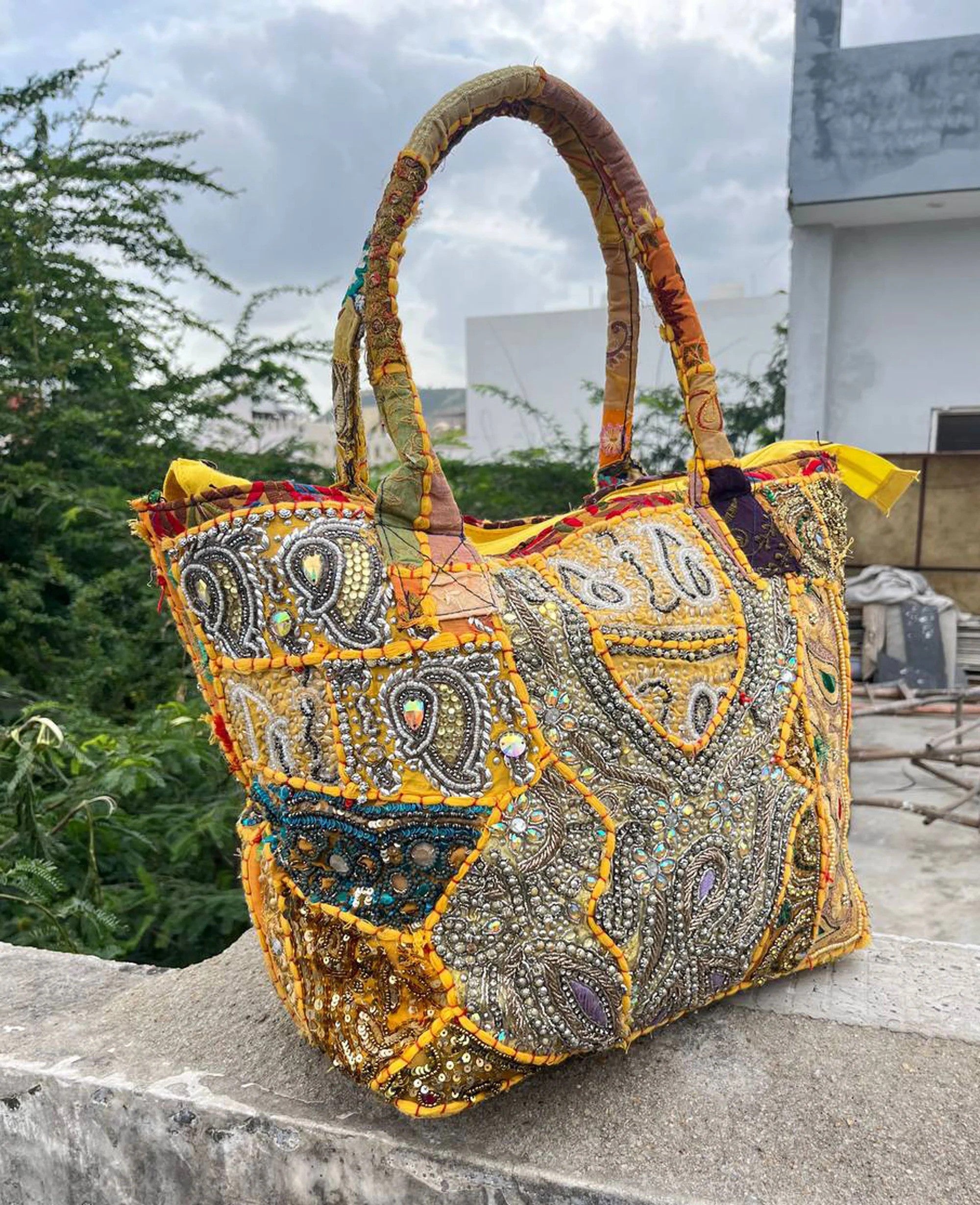 Yellow Patchwork Bag Women Handmade Embroidered Tote Bag