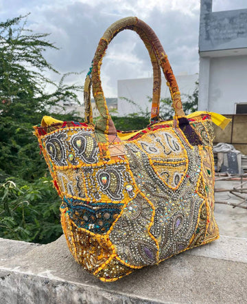 Yellow Patchwork Bag Women Handmade Embroidered Tote Bag