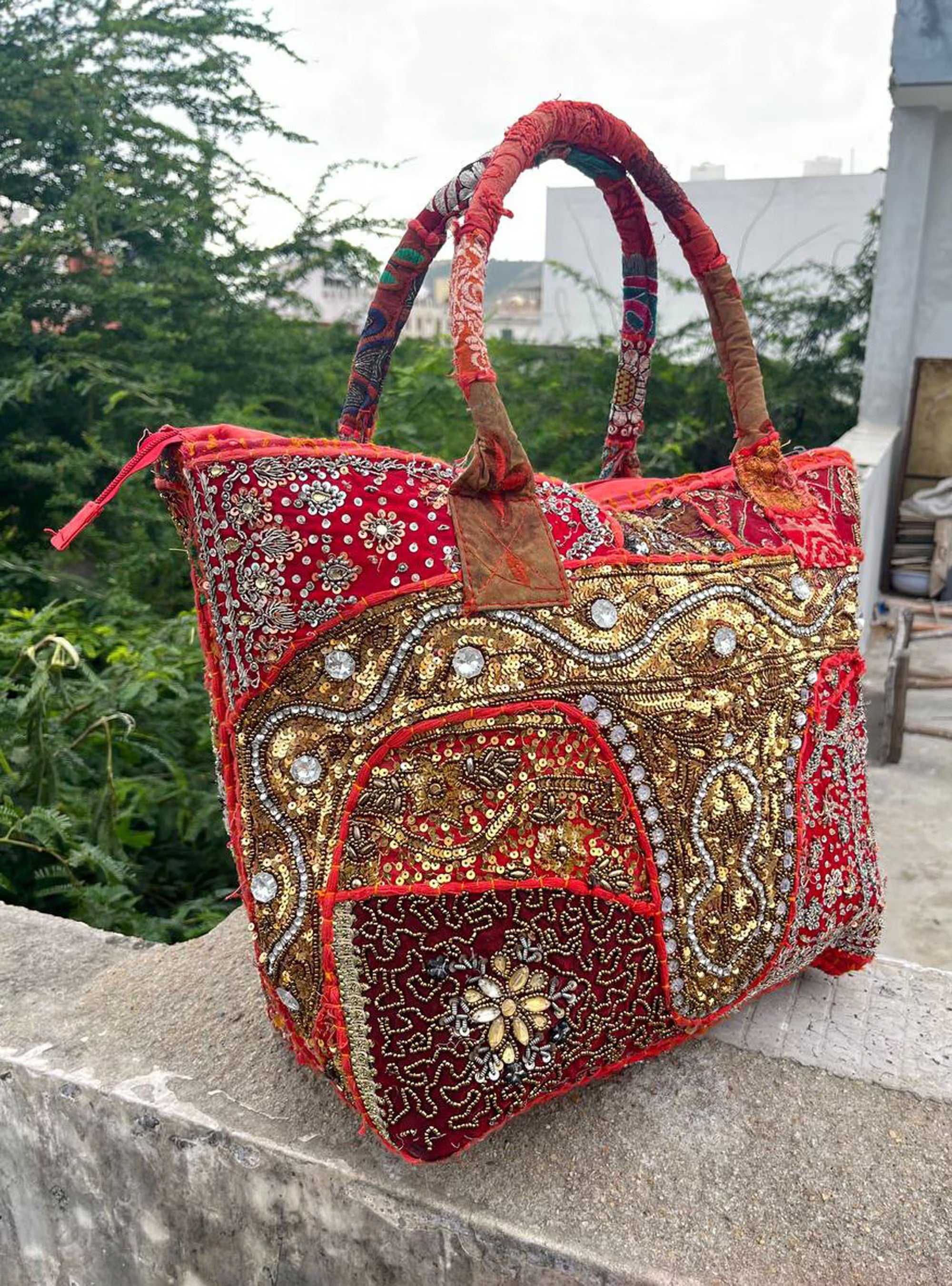 Red Indian large hobo bag patchwork Crossbody bag