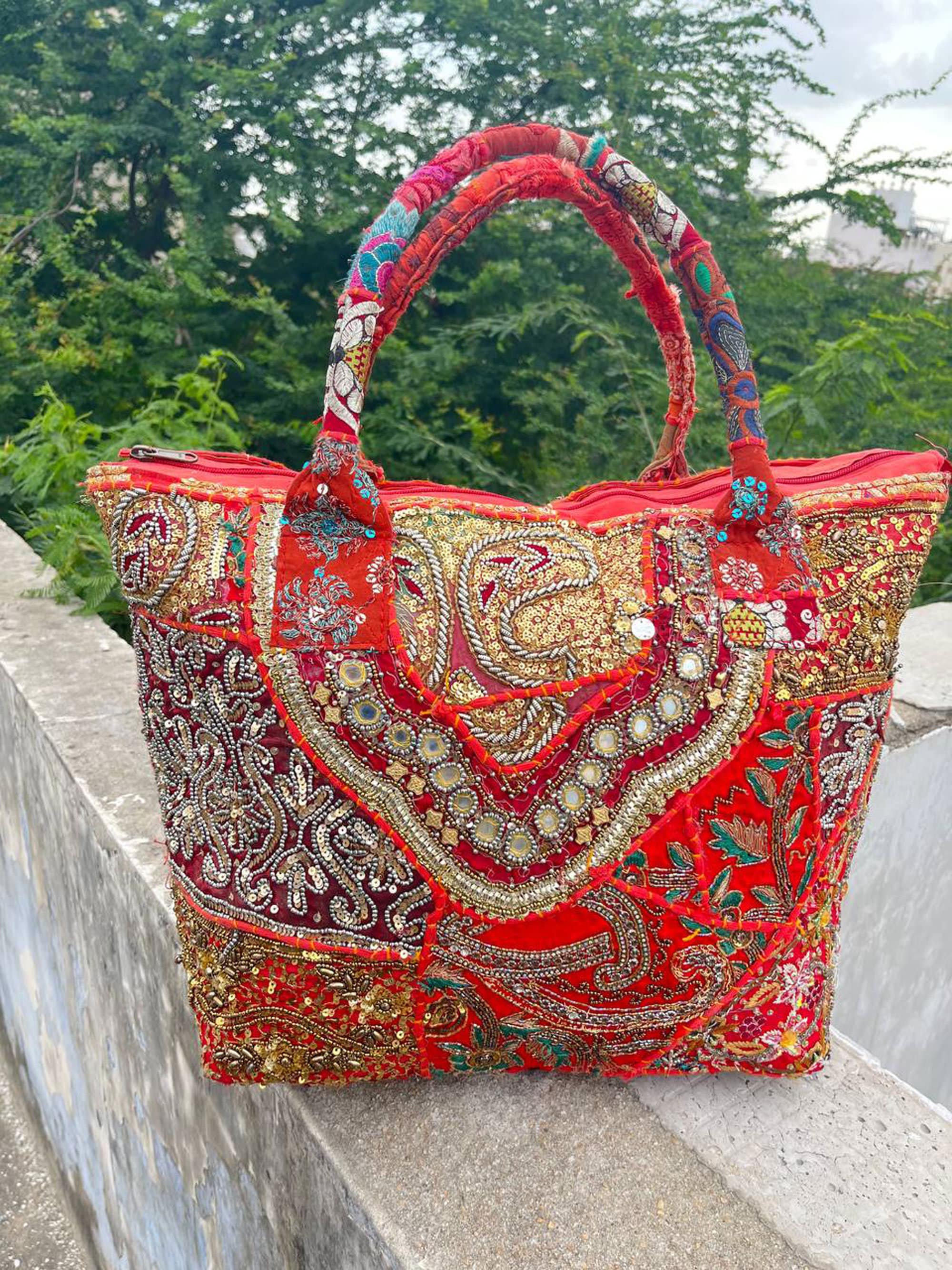 Red Indian large hobo bag patchwork Crossbody bag