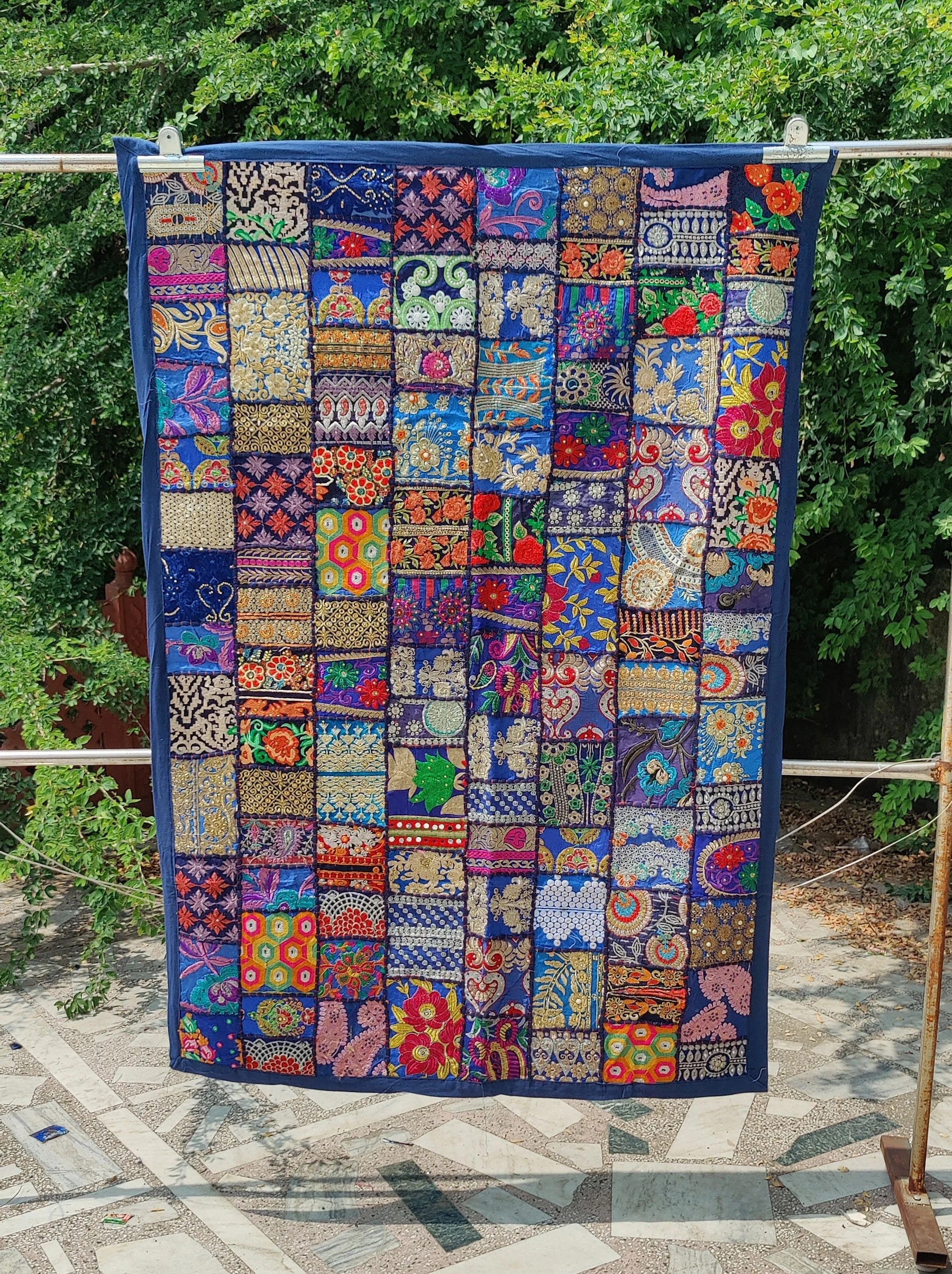 Heavy Embroidered Wall Hanging Vintage Sari Patchwork Tapestry Handmade Decorative Tapestries