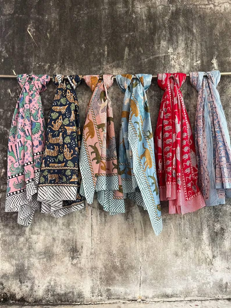 Set of 5 Cotton Block Printed Sarongs | Handmade Indian Beach Wrap, Summer Cover Up