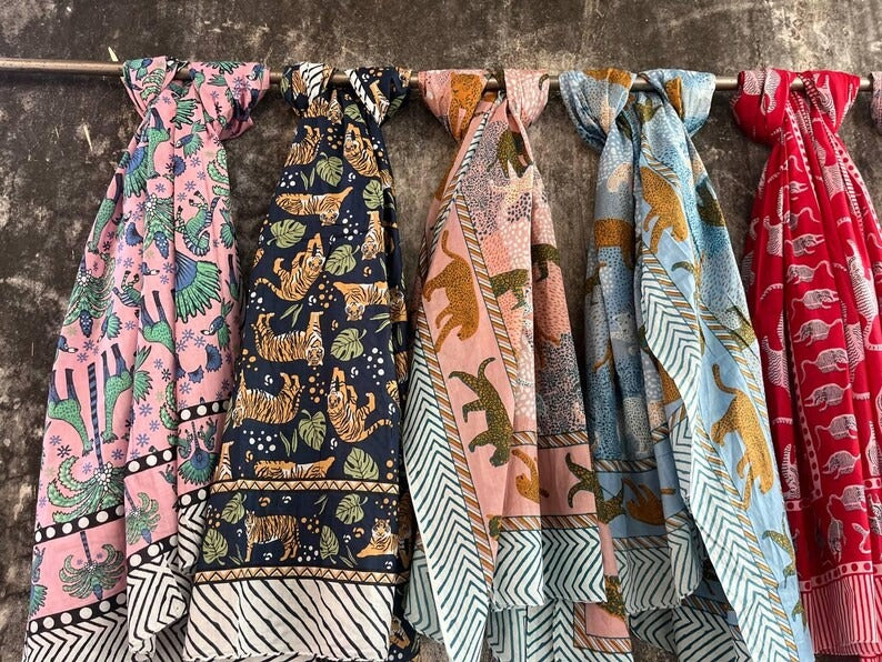 Set of 5 Cotton Block Printed Sarongs | Handmade Indian Beach Wrap, Summer Cover Up