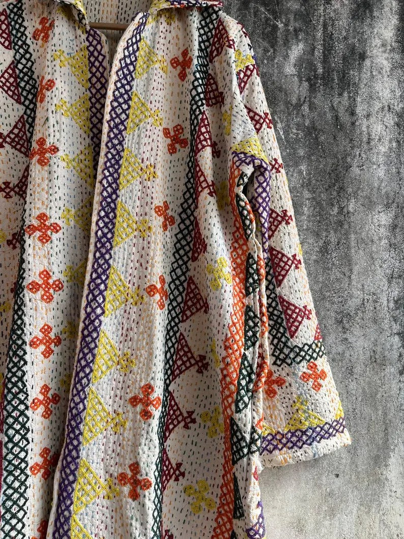Vintage Long Cotton Kantha Suzani Jacket