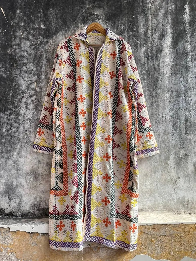Vintage Long Cotton Kantha Suzani Jacket