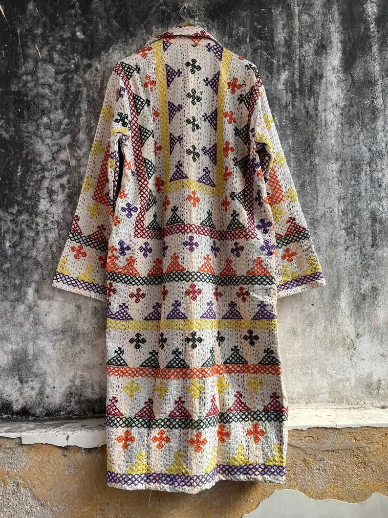 Vintage Long Cotton Kantha Suzani Jacket