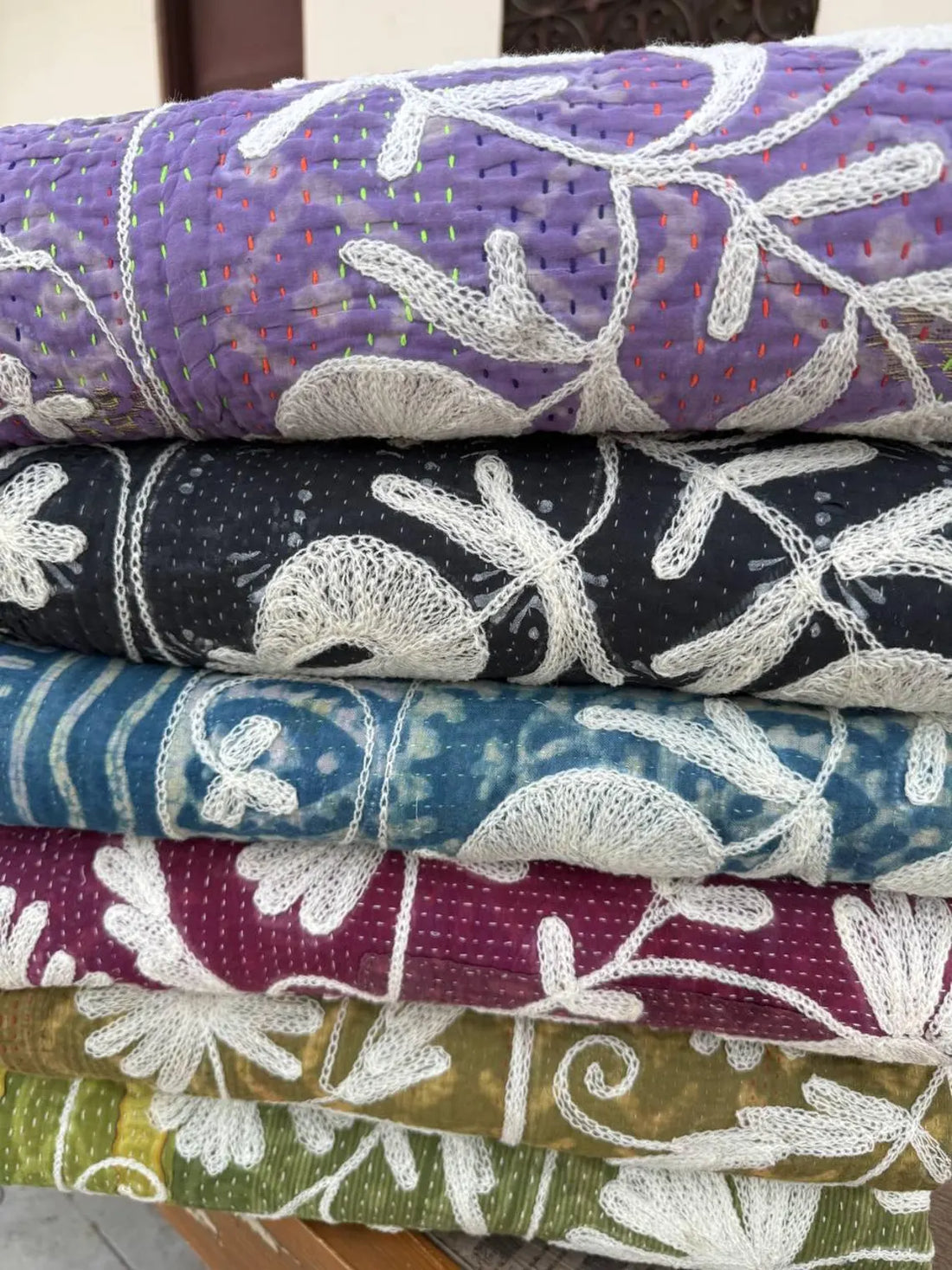 5 Pieces Assorted Overdyed Kantha Suzani Embroidered Quilt – Handmade Cotton Blanket in Multiple Colors