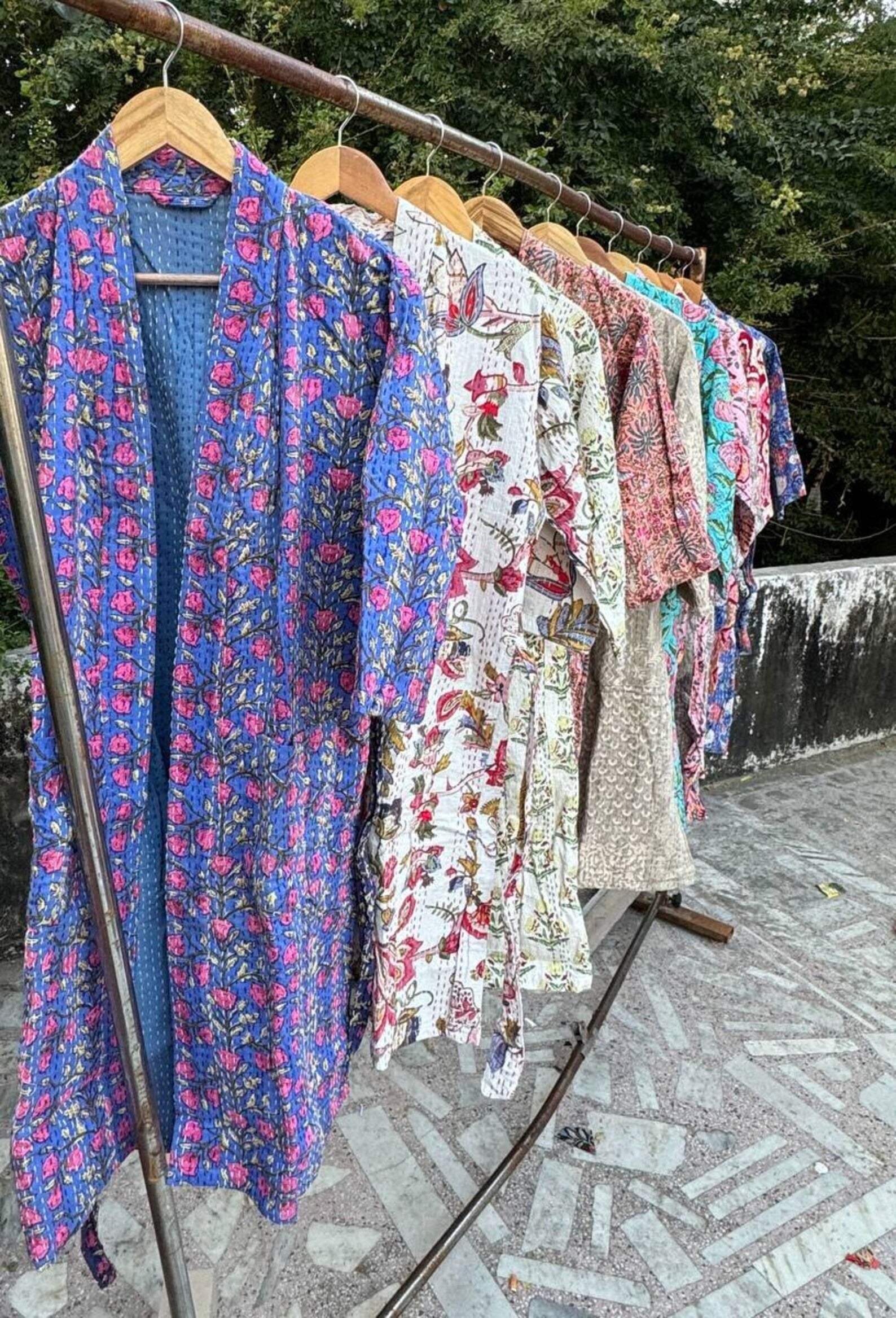 5 Pieces Cotton Kantha Block Printed Kimono Robe